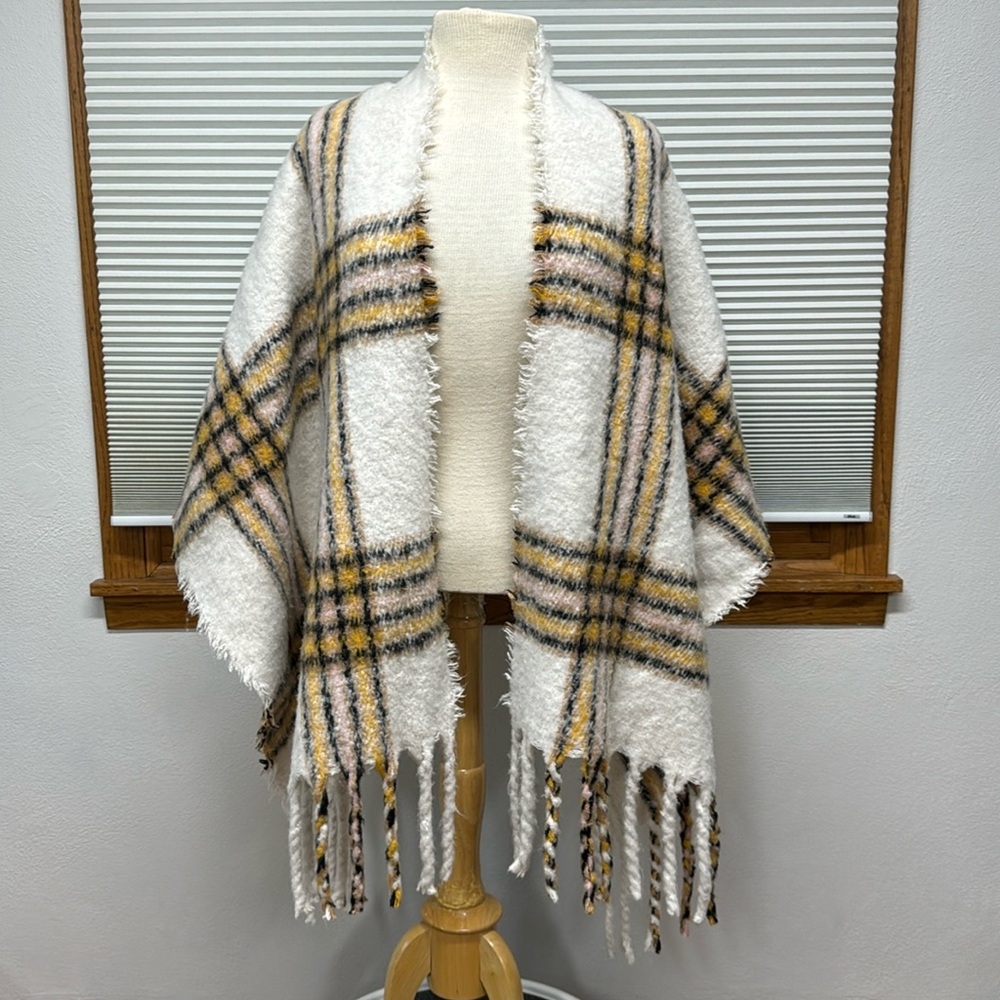 Steve Madden Plaid Fringe Scarf - White, Yellow, Black